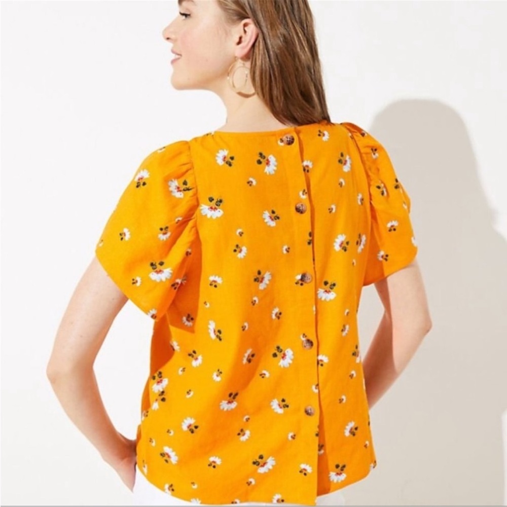 🎯3/$10 LOFT Orange Floral Button-Back Blouse Linen Viscose Blend Medium